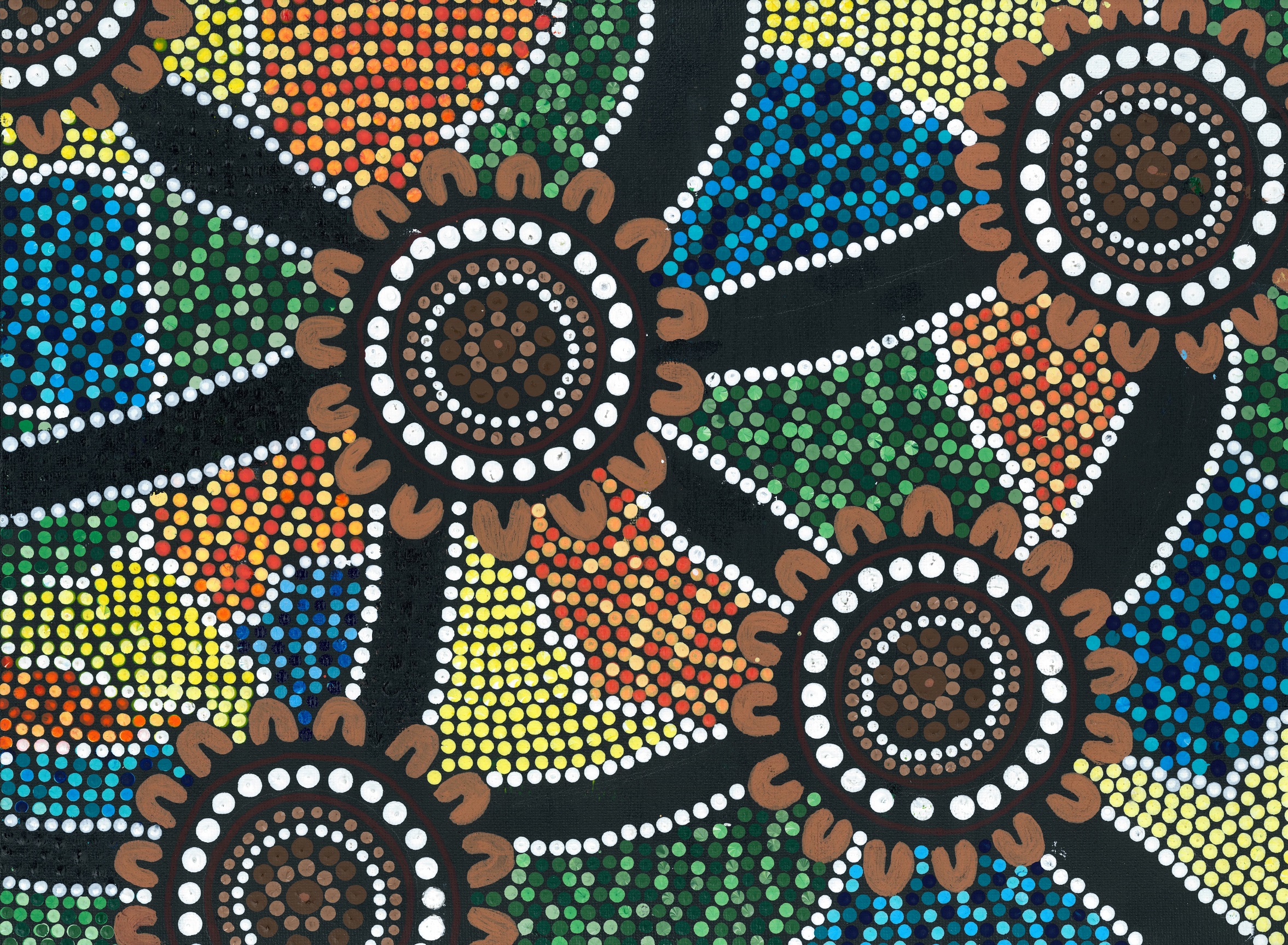 Aboriginal artwork depicting many coloured symbols and dots representing communities connected through stories and culture