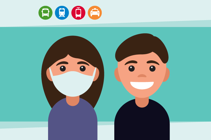 Image of person wearing a face mask next to person not wearing a face mask. Shows icons for bus, train, tram and taxi.