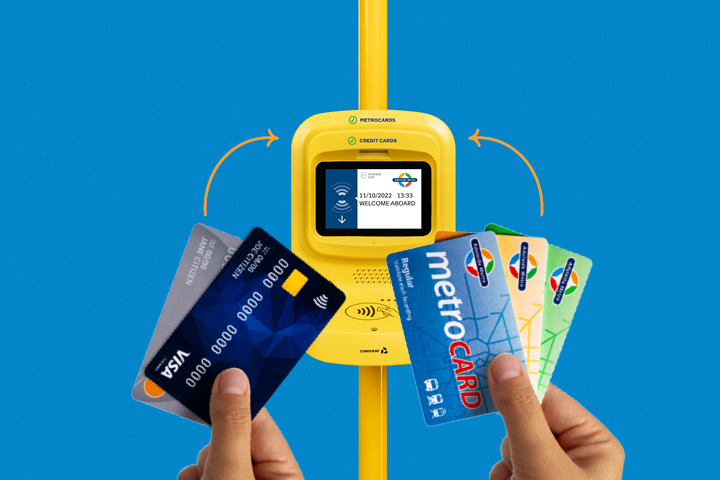 A hand holding three types of metrocards and a Visa ad Mastercard in front of a yellow validator