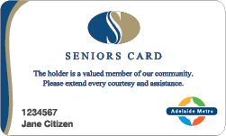 Illustrated representation of a South Australian Seniors Card. It is white, navy and gold, and has a small Adelaide Metro logo on it to show it is also a metroCARD